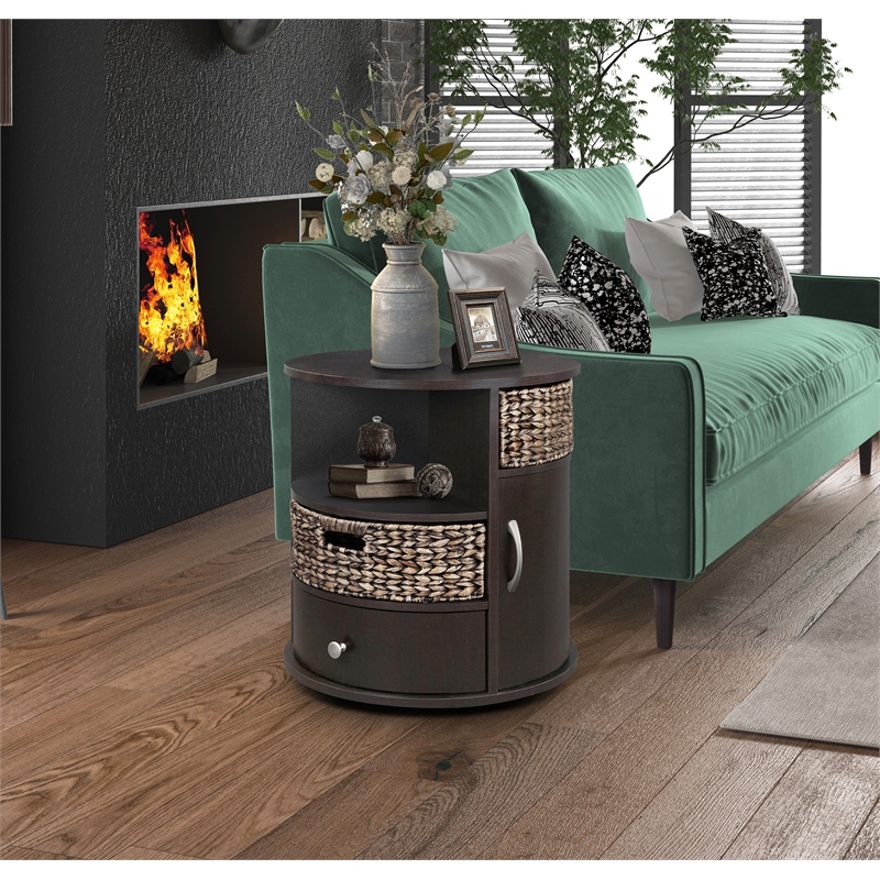 Gallerie Decor All-In-One Round Transitional Wood Side Table in Espresso