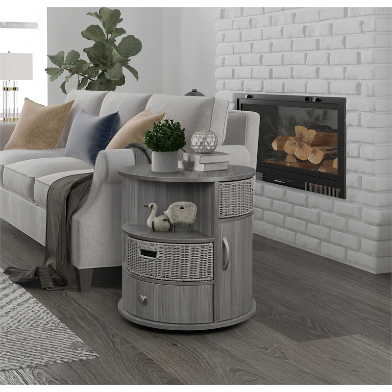Gallerie Decor All-In-One Round Transitional Wood Side Table in Gray