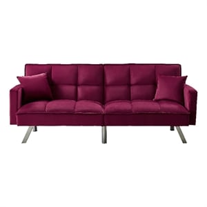 Legend Vansen 80&quot Convertible Wood & Velvet Fabric Sleeper Sofa Bed in Red