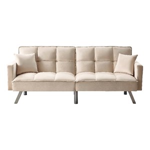 Legend Vansen 80&quot Convertible Wood & Velvet Fabric Sleeper Sofa Bed in Beige