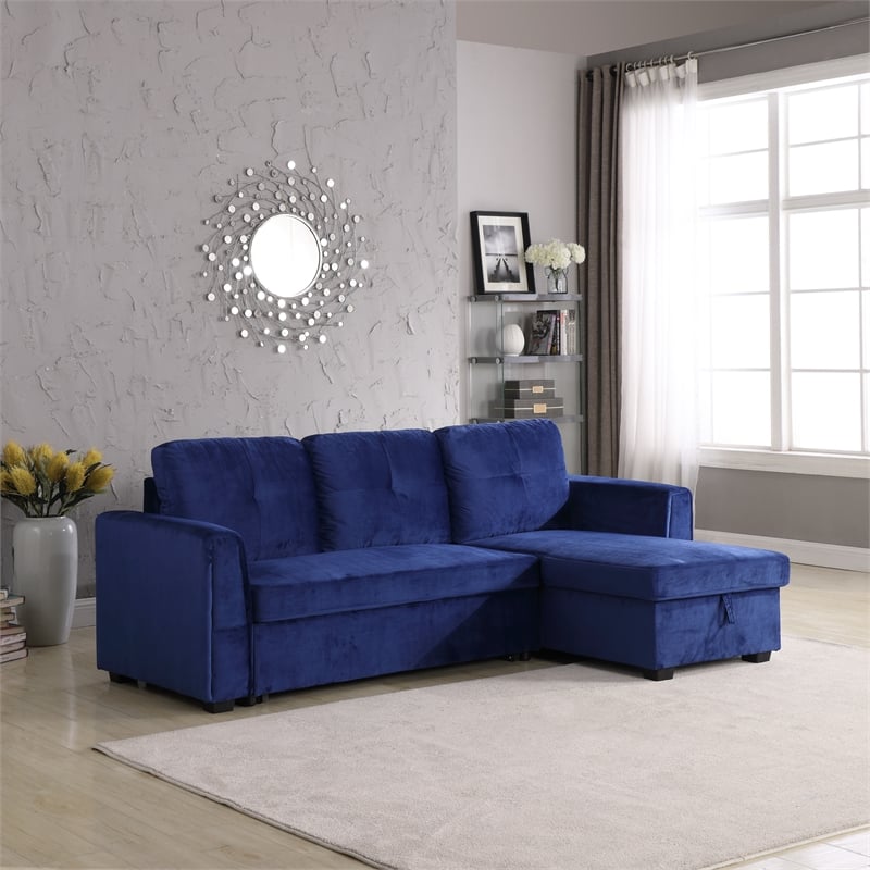 Legend Vansen Convertible Modern Velvet Sleeper Sectional Sofa in Blue