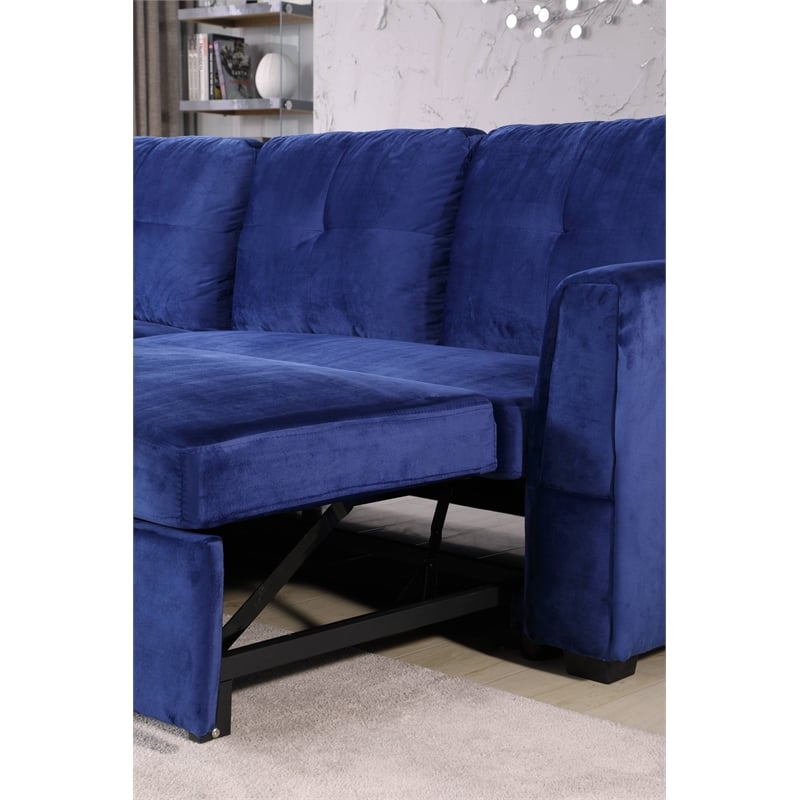 Legend Vansen Convertible Modern Velvet Sleeper Sectional Sofa in Blue