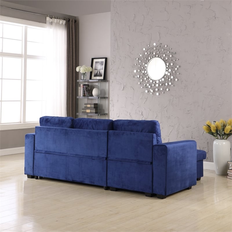 Legend Vansen Convertible Modern Velvet Sleeper Sectional Sofa in Blue