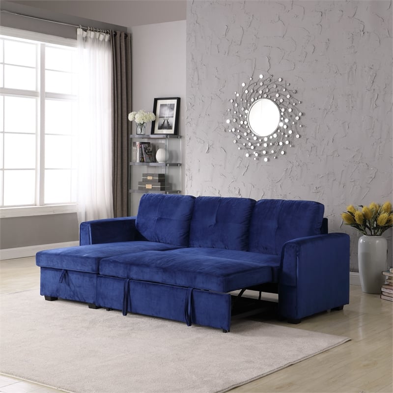 Legend Vansen Convertible Modern Velvet Sleeper Sectional Sofa in Blue
