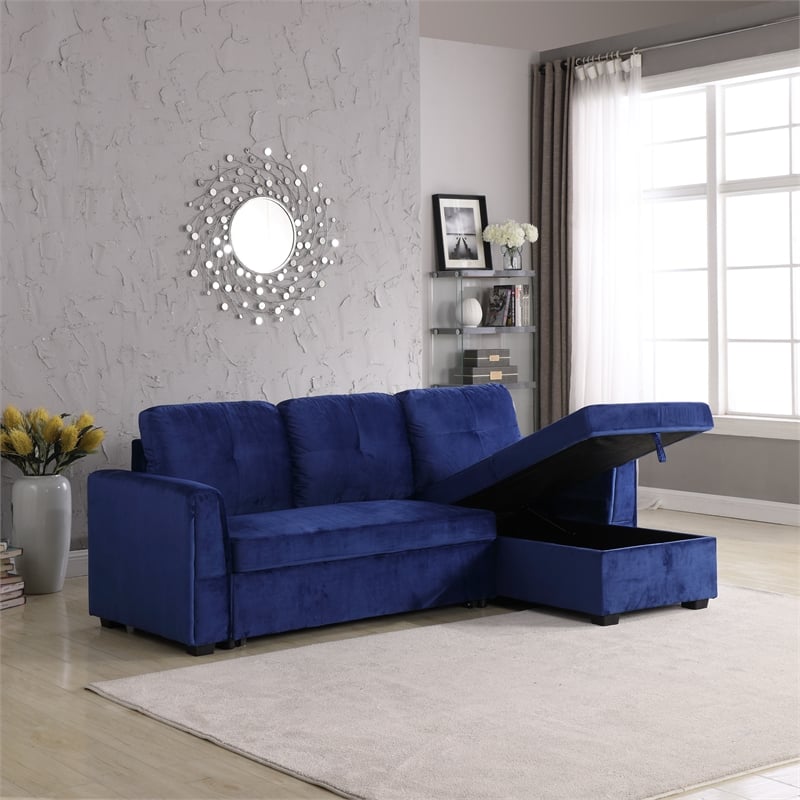 Legend Vansen Convertible Modern Velvet Sleeper Sectional Sofa in Blue