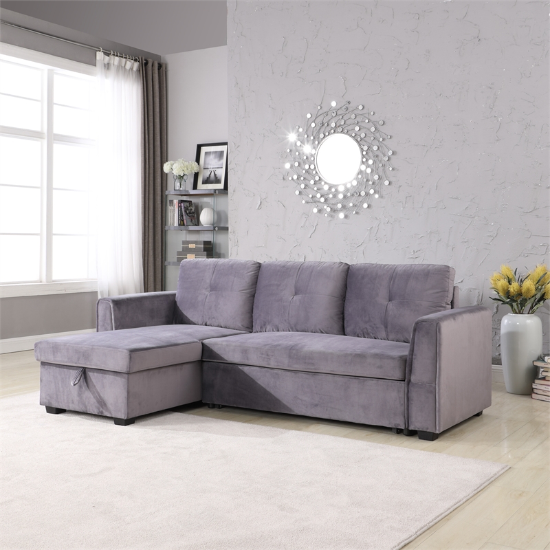 Legend Vansen Convertible Modern Velvet Sleeper Sectional Sofa in Gray
