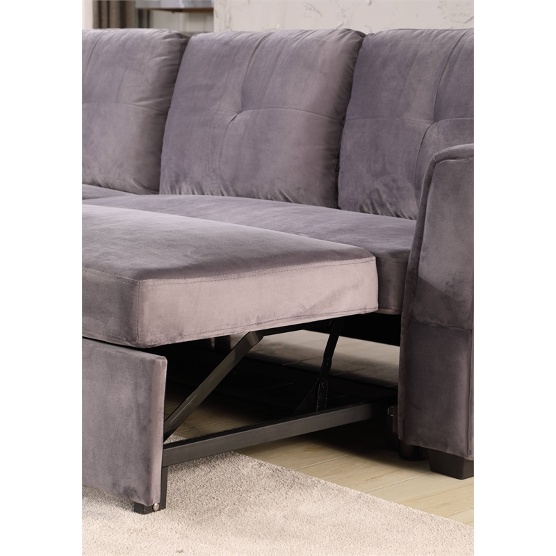 Legend Vansen Convertible Modern Velvet Sleeper Sectional Sofa in Gray