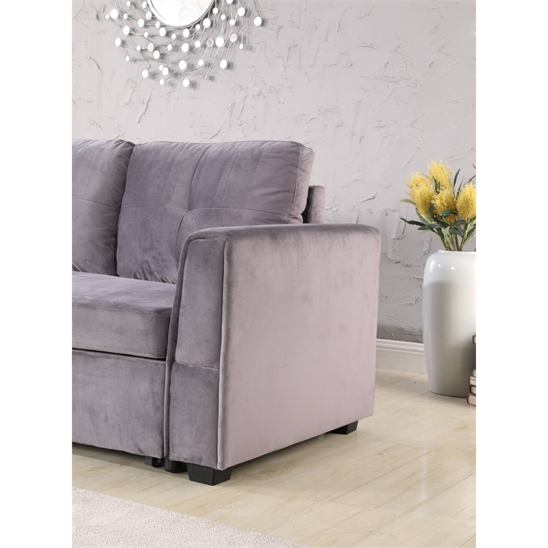 Legend Vansen Convertible Modern Velvet Sleeper Sectional Sofa in Gray