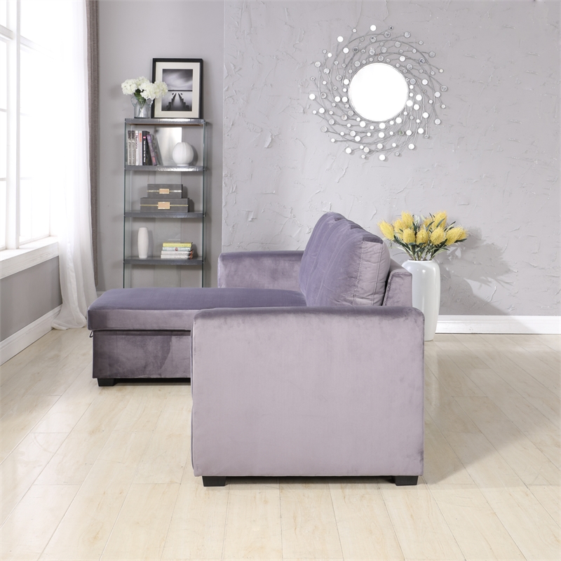 Legend Vansen Convertible Modern Velvet Sleeper Sectional Sofa in Gray