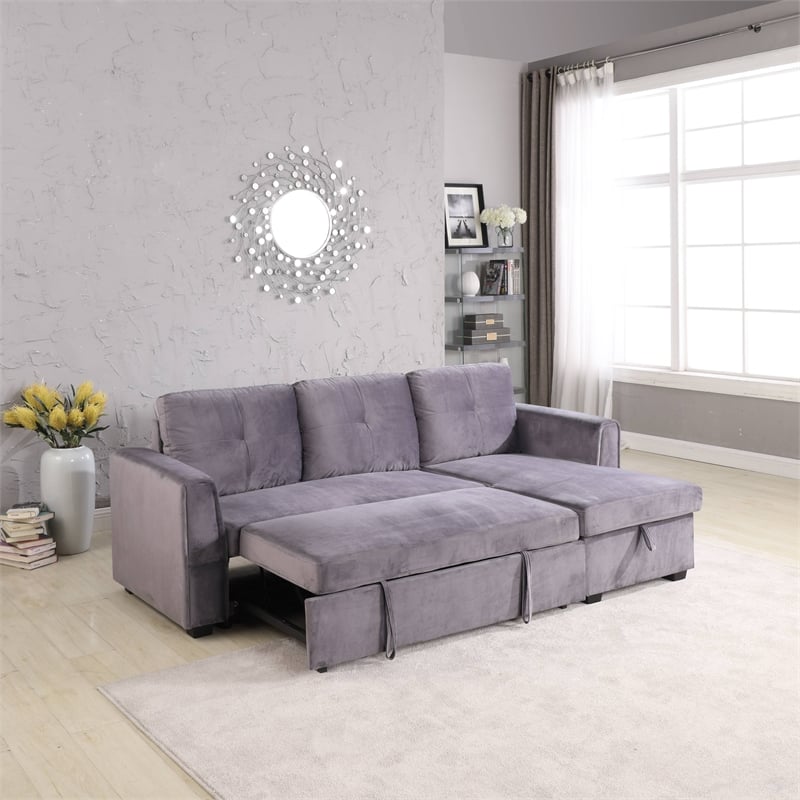 Legend Vansen Convertible Modern Velvet Sleeper Sectional Sofa in Gray