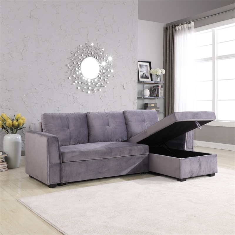 Legend Vansen Convertible Modern Velvet Sleeper Sectional Sofa in Gray