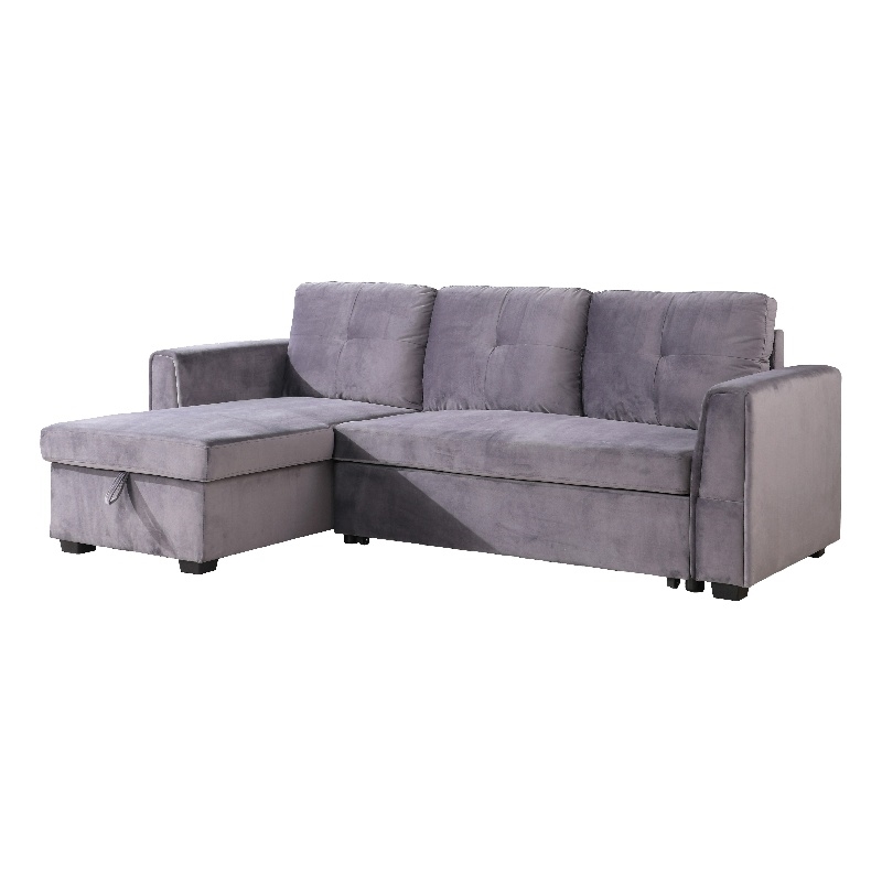 Legend Vansen Convertible Modern Velvet Sleeper Sectional Sofa in Gray