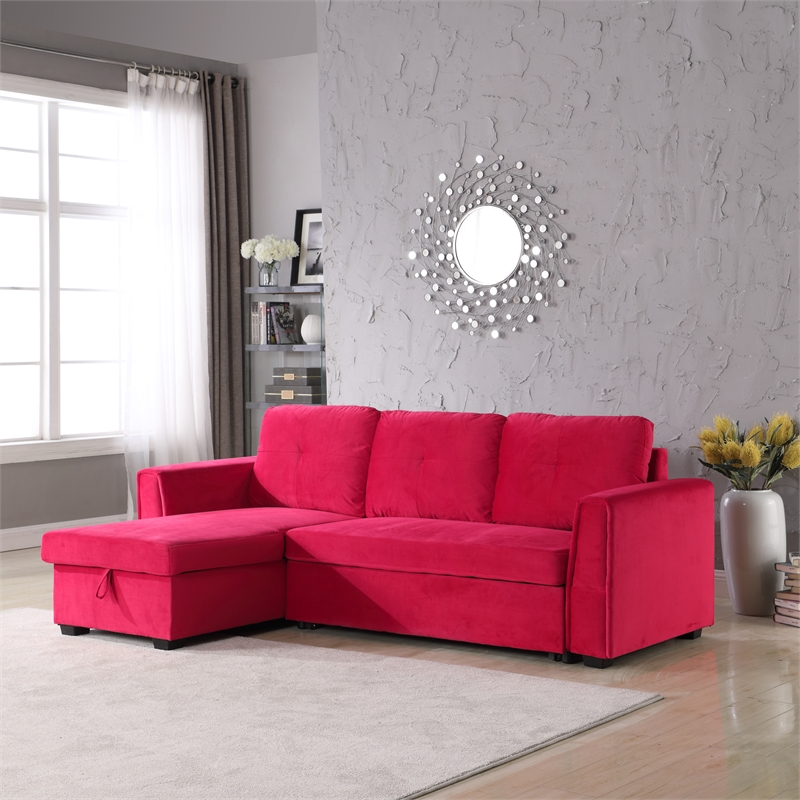 Legend Vansen Convertible Modern Velvet Sleeper Sectional Sofa in Red