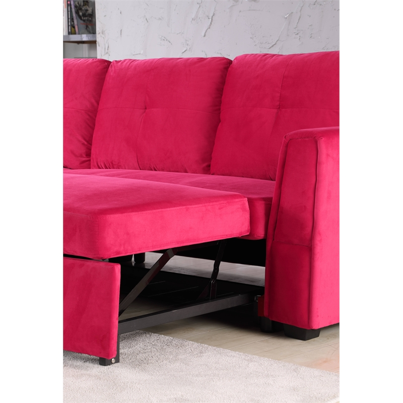 Legend Vansen Convertible Modern Velvet Sleeper Sectional Sofa in Red