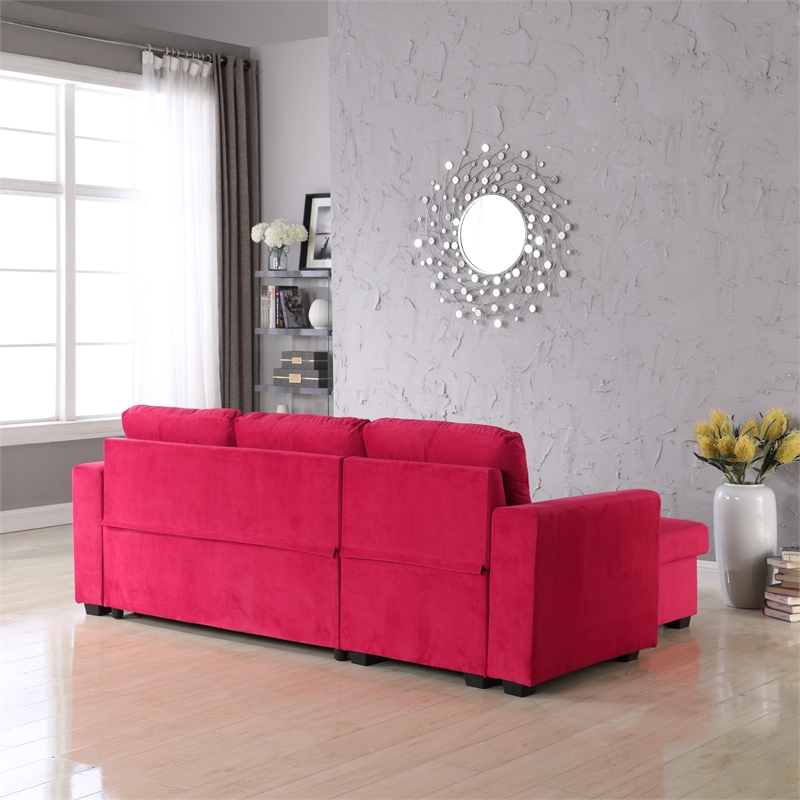 Legend Vansen Convertible Modern Velvet Sleeper Sectional Sofa in Red