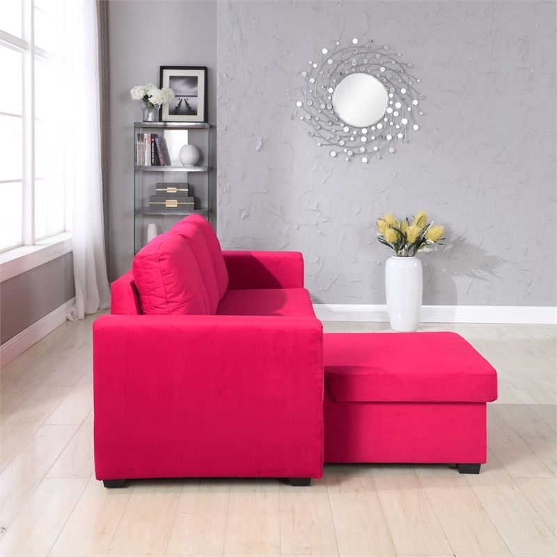 Legend Vansen Convertible Modern Velvet Sleeper Sectional Sofa in Red