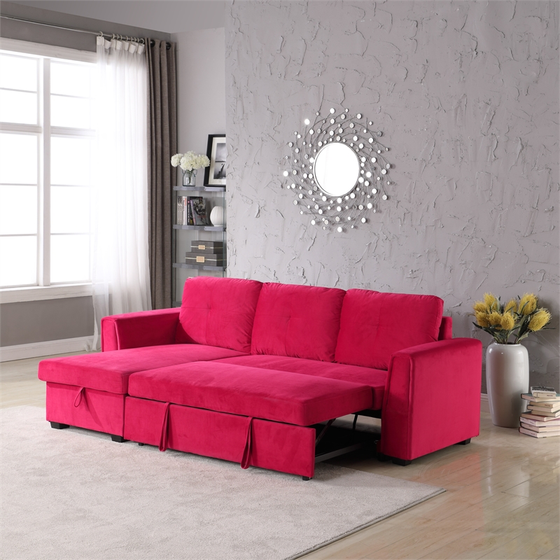 Legend Vansen Convertible Modern Velvet Sleeper Sectional Sofa in Red