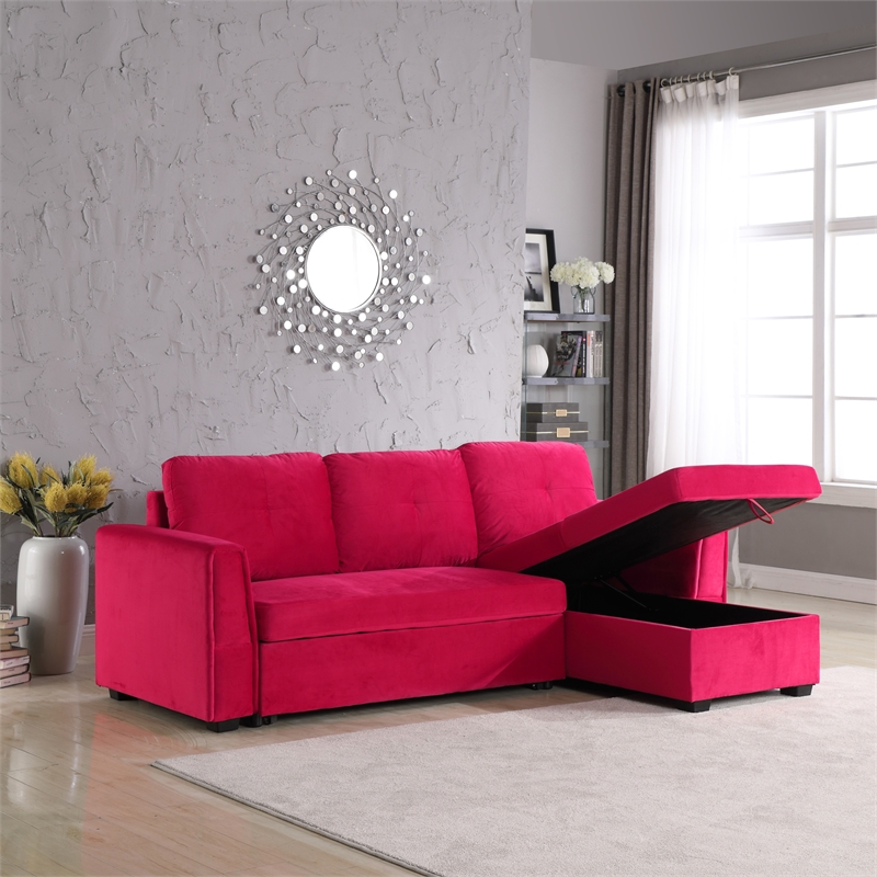 Legend Vansen Convertible Modern Velvet Sleeper Sectional Sofa in Red