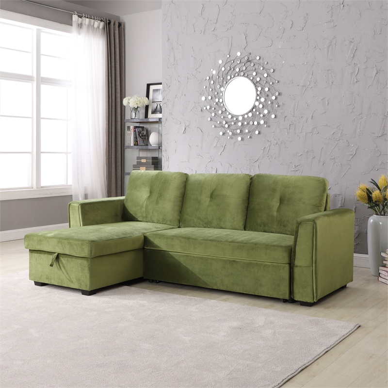 Legend Vansen Convertible Modern Velvet Sleeper Sectional Sofa in Green