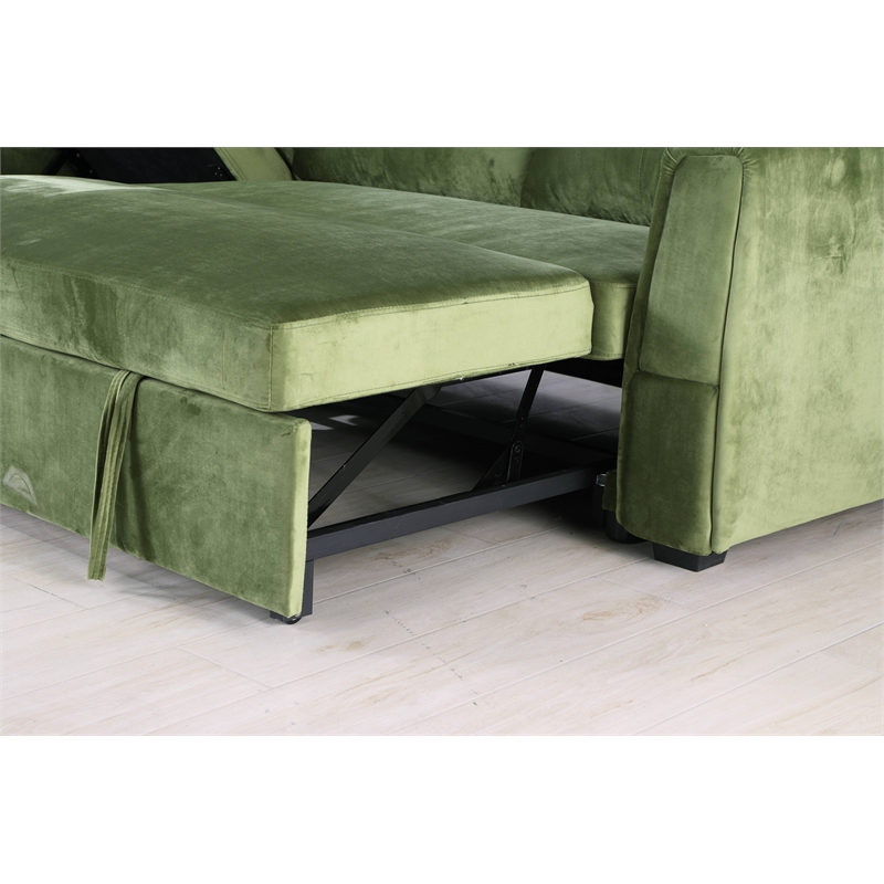 Legend Vansen Convertible Modern Velvet Sleeper Sectional Sofa in Green