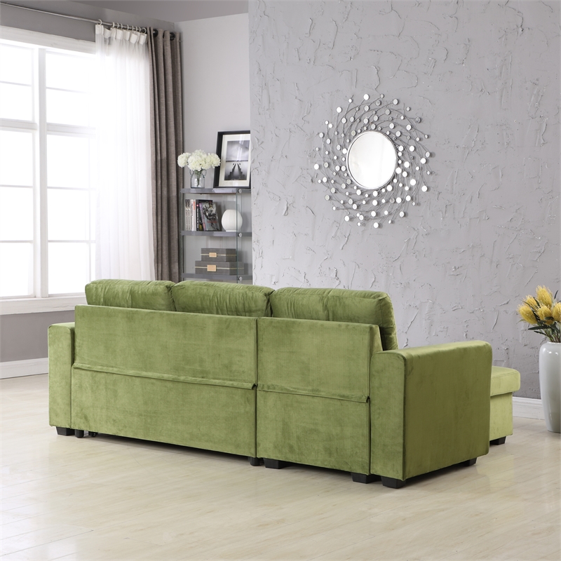 Legend Vansen Convertible Modern Velvet Sleeper Sectional Sofa in Green