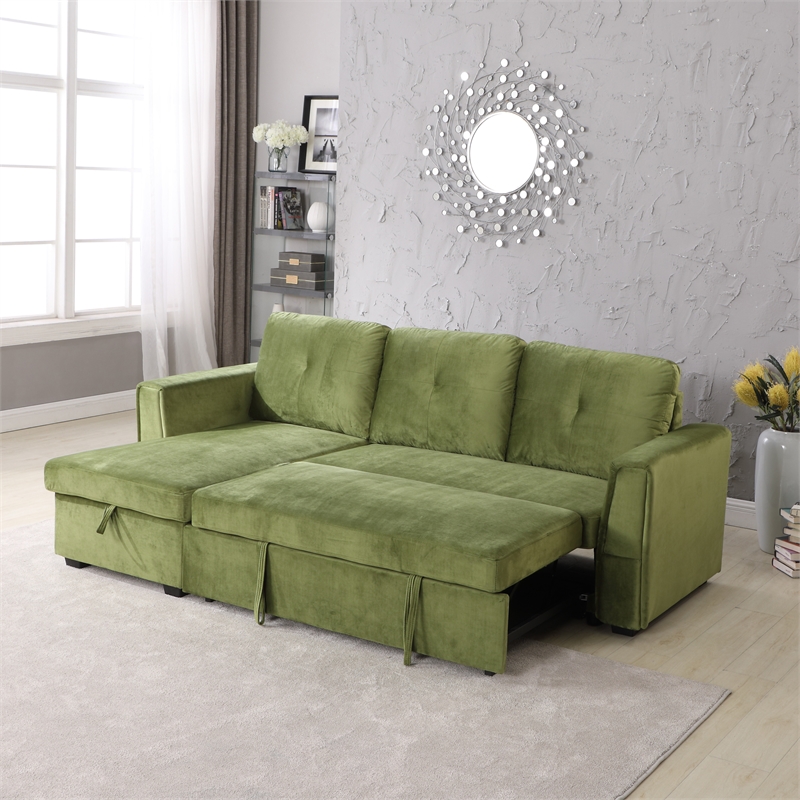 Legend Vansen Convertible Modern Velvet Sleeper Sectional Sofa in Green