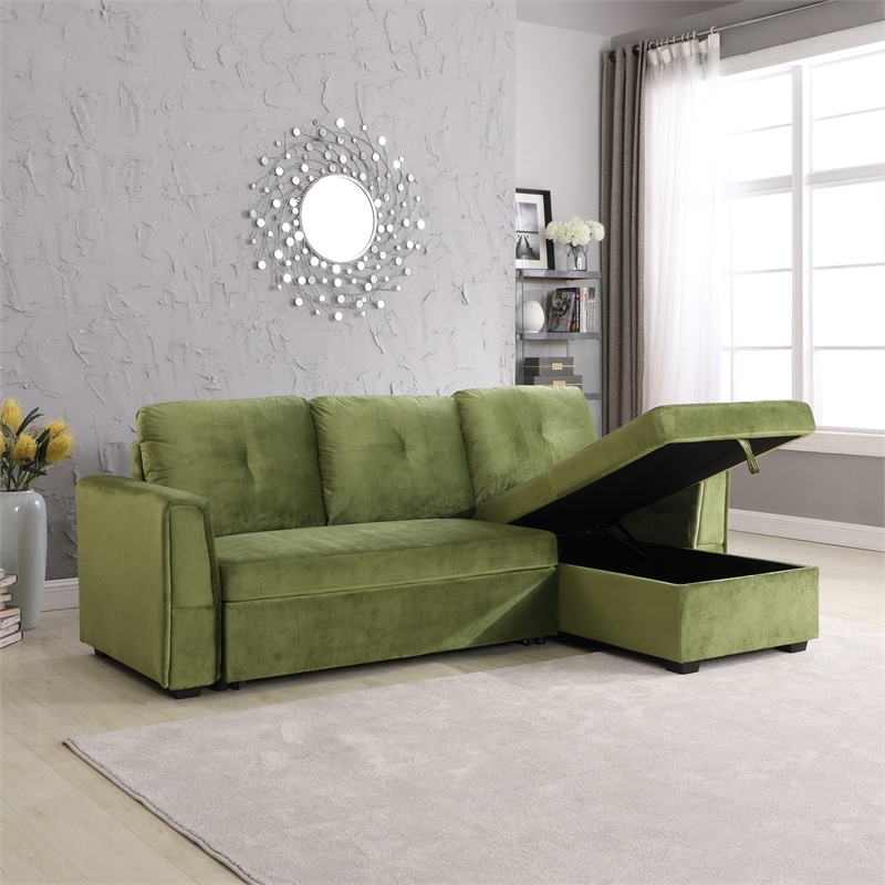 Legend Vansen Convertible Modern Velvet Sleeper Sectional Sofa in Green