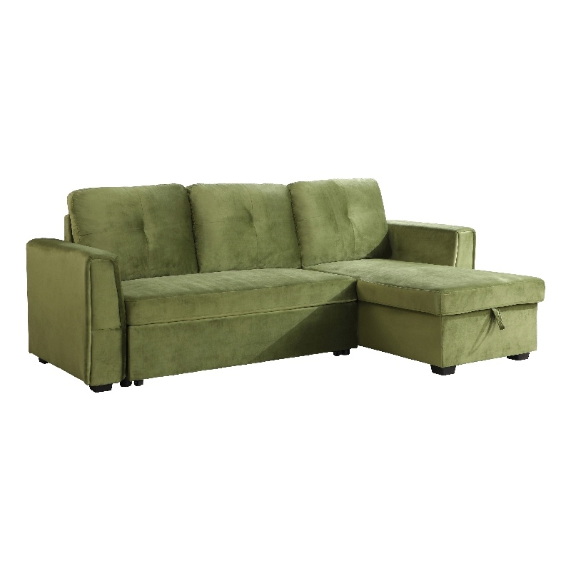 Legend Vansen Convertible Modern Velvet Sleeper Sectional Sofa in Green