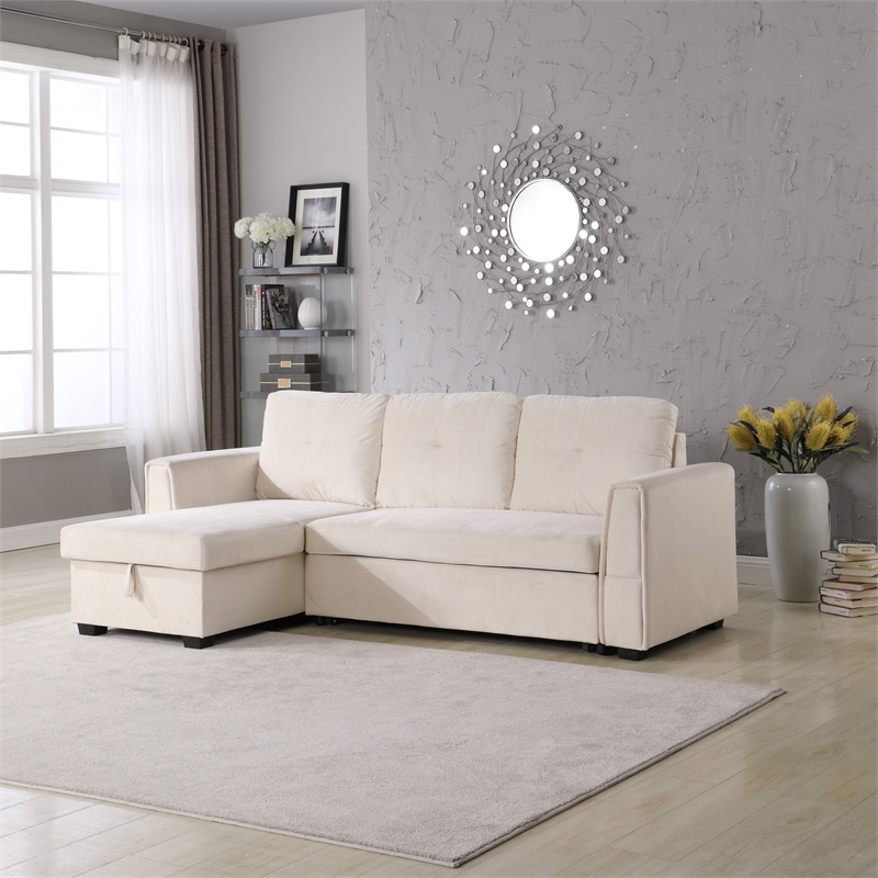 Legend Vansen Convertible Modern Velvet Sleeper Sectional Sofa in Cream