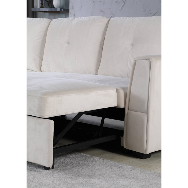 Legend Vansen Convertible Modern Velvet Sleeper Sectional Sofa in Cream