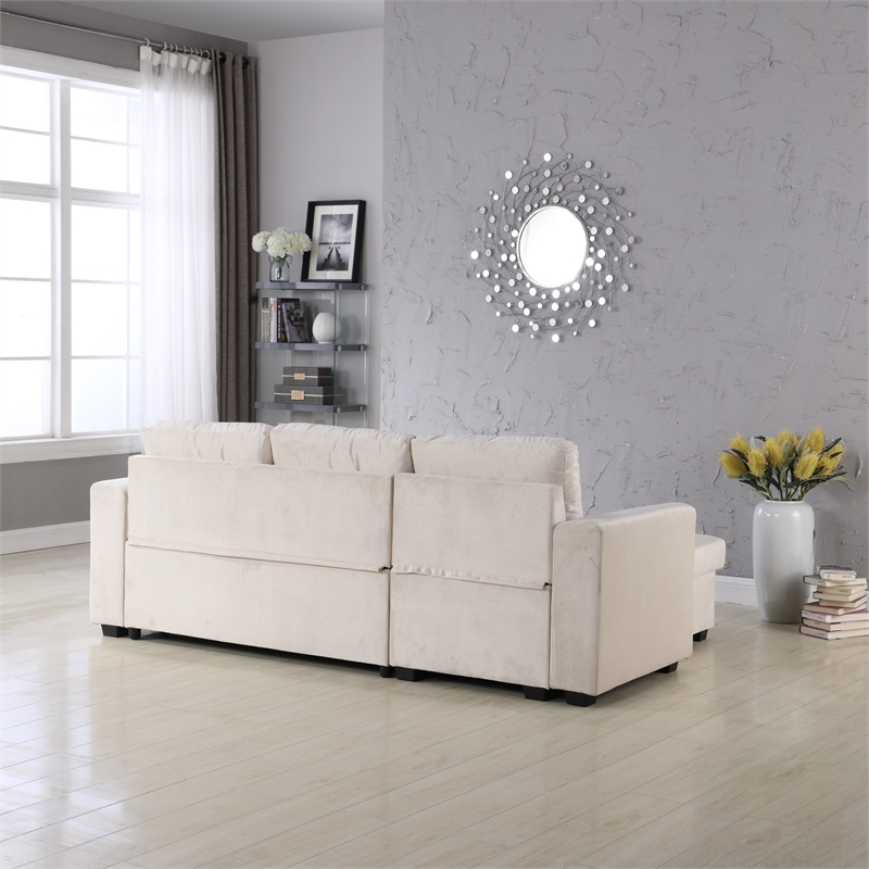 Legend Vansen Convertible Modern Velvet Sleeper Sectional Sofa in Cream