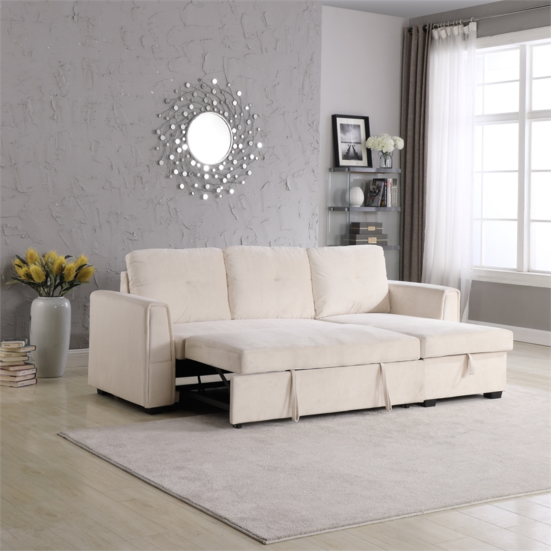 Legend Vansen Convertible Modern Velvet Sleeper Sectional Sofa in Cream