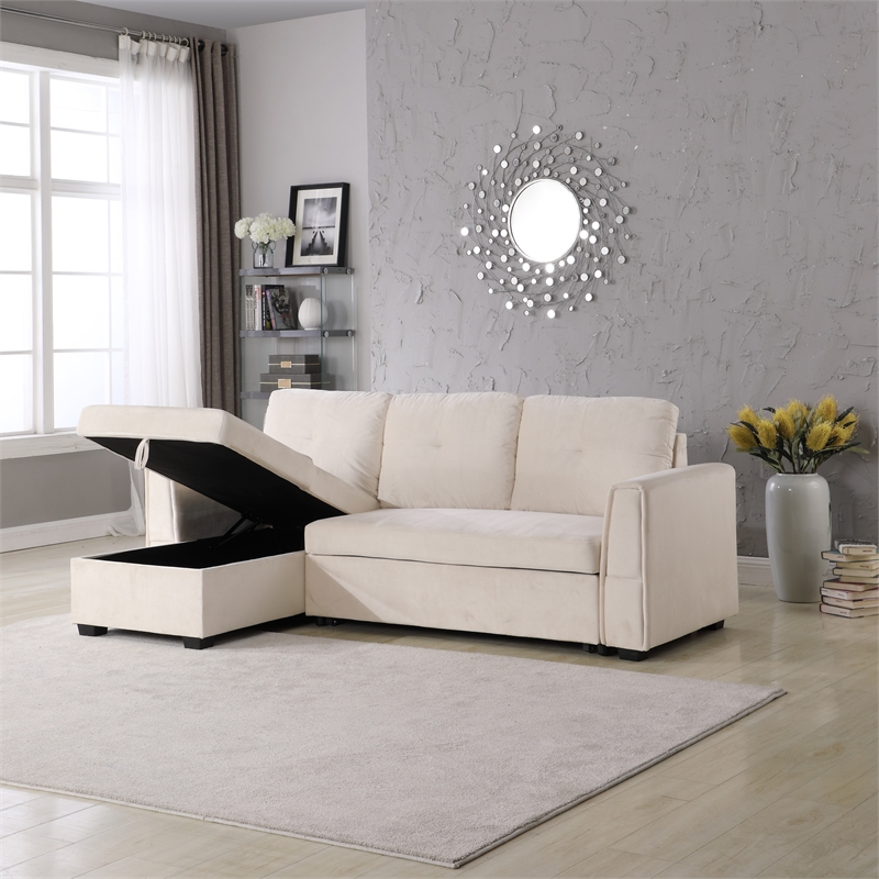 Legend Vansen Convertible Modern Velvet Sleeper Sectional Sofa in Cream