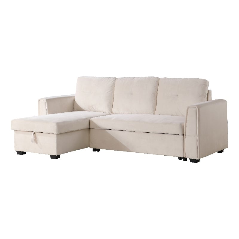 Legend Vansen Convertible Modern Velvet Sleeper Sectional Sofa in Cream