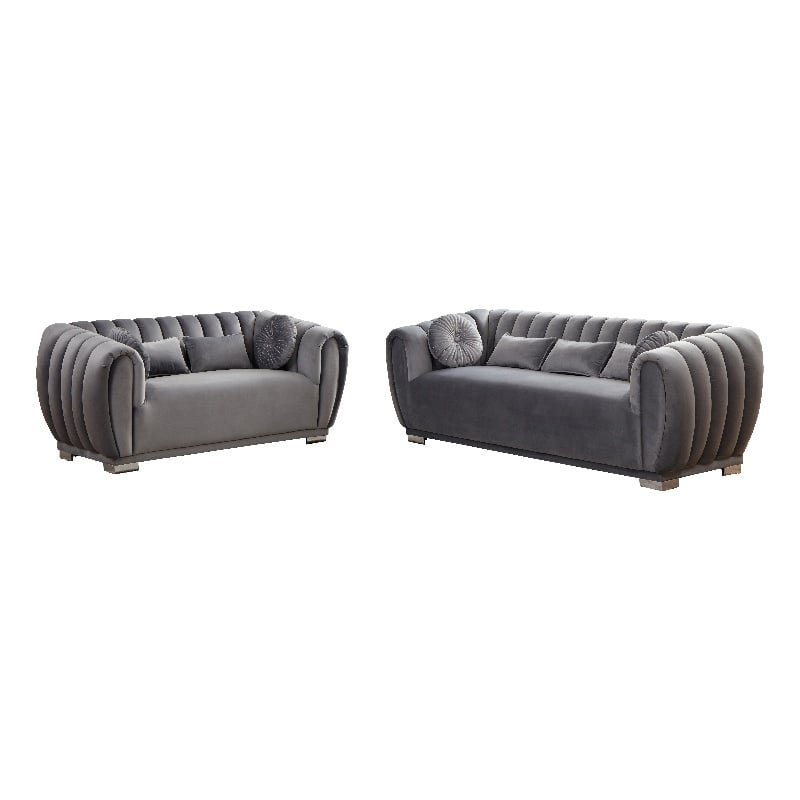Legend Vansen Modern Velvet Fabric Living Room Sofa and Loveseat Set in Gray