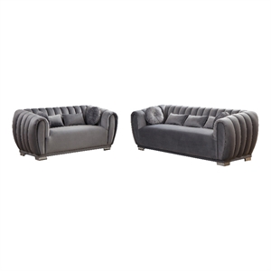 Legend Vansen Modern Velvet Fabric Living Room Sofa and Loveseat Set in Gray