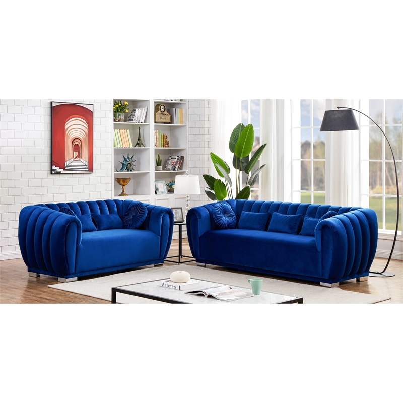 Legend Vansen Modern Velvet Fabric Living Room Sofa and Loveseat Set in Blue