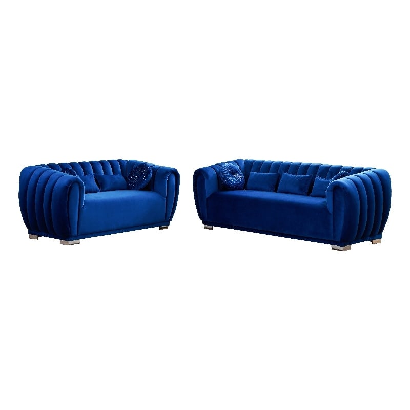Legend Vansen Modern Velvet Fabric Living Room Sofa and Loveseat Set in Blue
