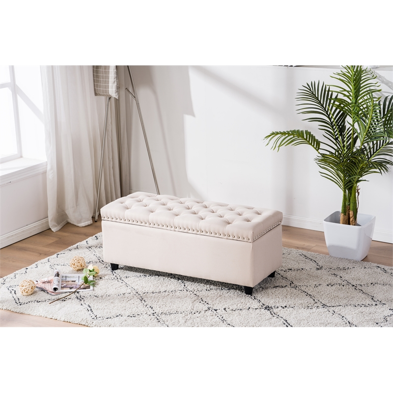 Legend Vansen Tufted Modern Fabric Storage Ottoman with Nailhead Trim in Cream
