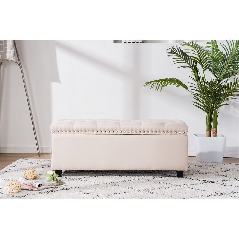 Legend Vansen Tufted Modern Fabric Storage Ottoman with Nailhead Trim in Cream