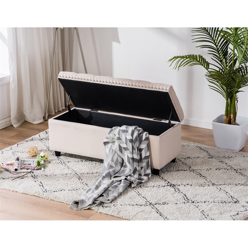 Legend Vansen Tufted Modern Fabric Storage Ottoman with Nailhead Trim in Cream