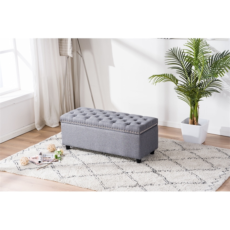 Legend Vansen Tufted Modern Fabric Storage Ottoman with Nailhead Trim in Gray