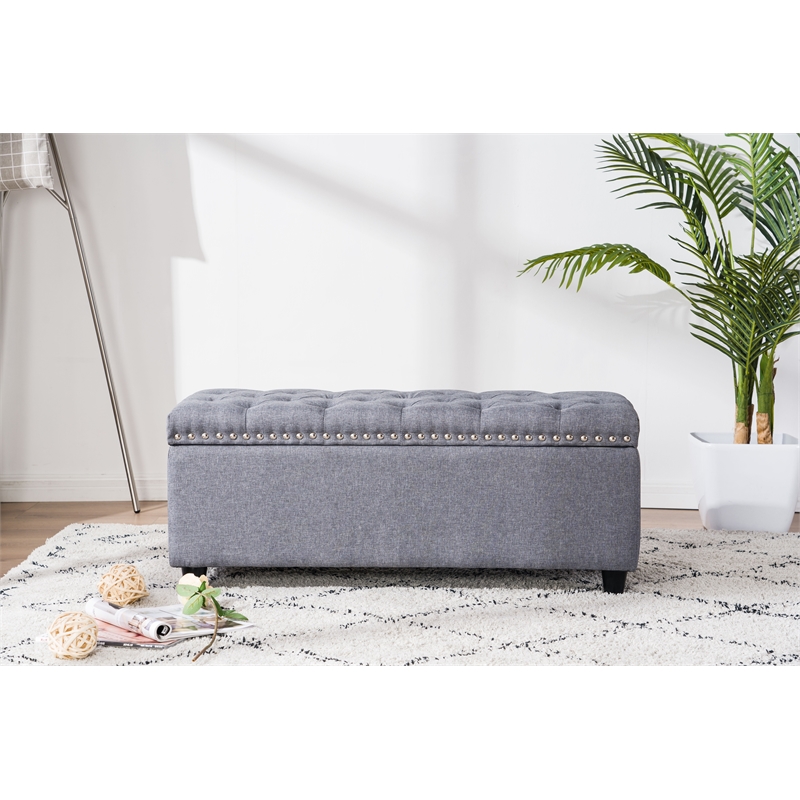 Legend Vansen Tufted Modern Fabric Storage Ottoman with Nailhead Trim in Gray