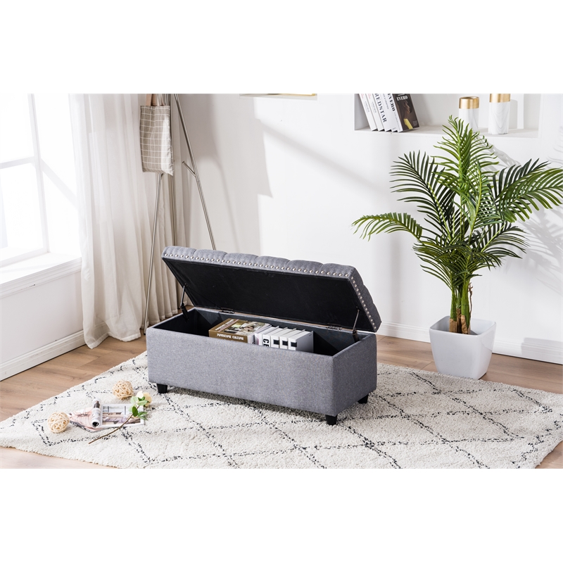 Legend Vansen Tufted Modern Fabric Storage Ottoman with Nailhead Trim in Gray