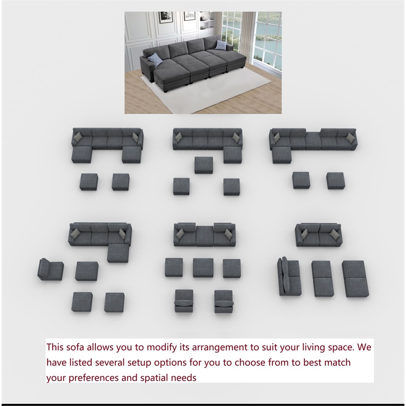 8 PCS Corduroy Flexible Combination Sectional Sofa Dark Grey