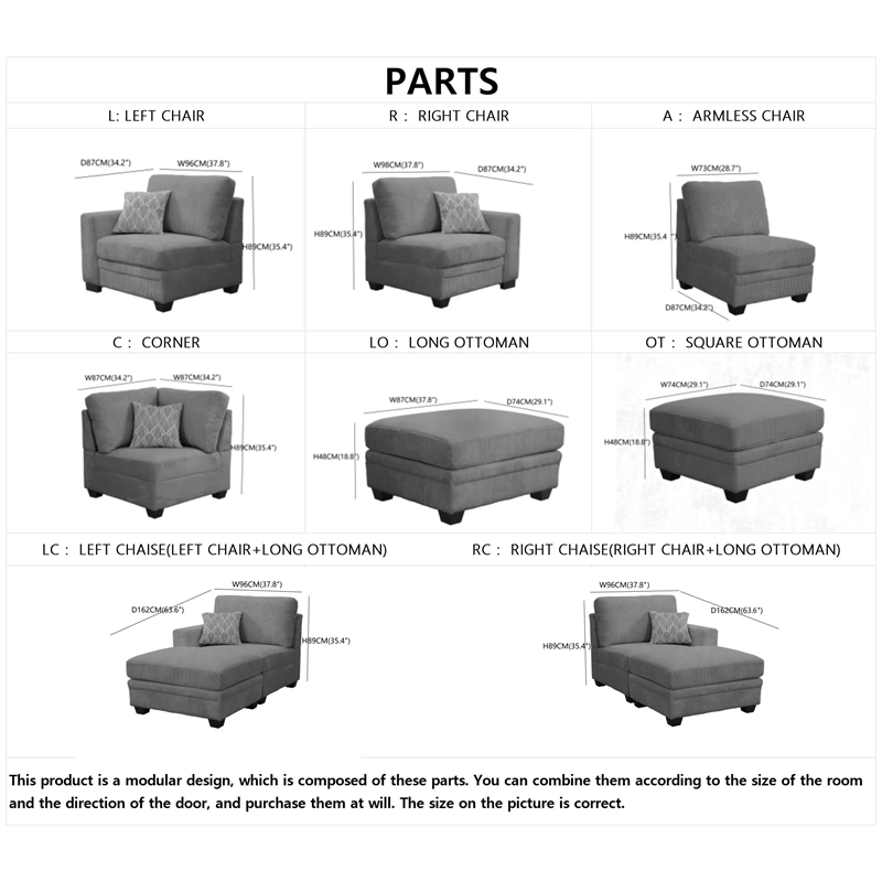 9 PCS Corduroy Flexible Combination Sectional Sofa Dark Grey