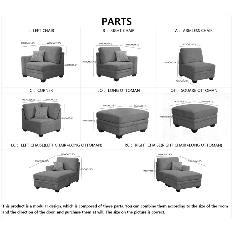 10 PCS Corduroy Flexible Combination Sectional Sofa Dark Grey