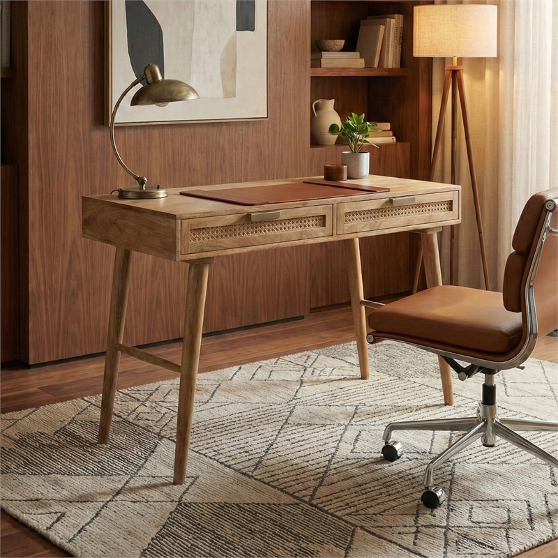Casartis Living Atlas Cane Mid Century Modern Solid Wood Desk in Natural
