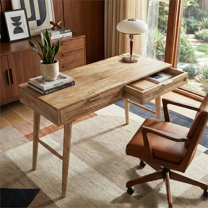 Casartis Living Atlas Cane Mid Century Modern Solid Wood Desk in Natural