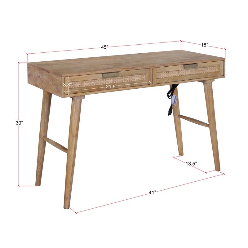 Casartis Living Atlas Cane Mid Century Modern Solid Wood Desk in Natural